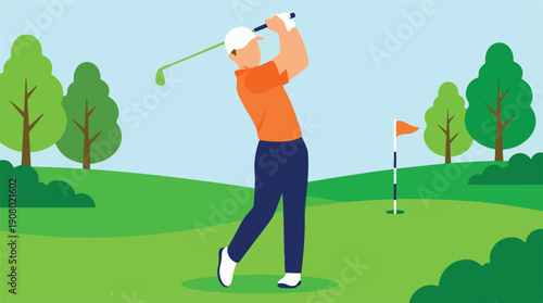 Cartoon golfer swinging club on a green course with trees and flag