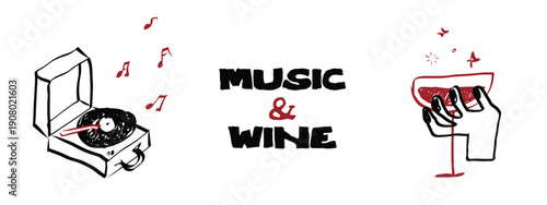 Wine glass sketch with hand drawn party elements and champagne toast. Elegant doodle illustration featuring Italian cocktails, festive dinner drinks, and celebration in vintage line art style.