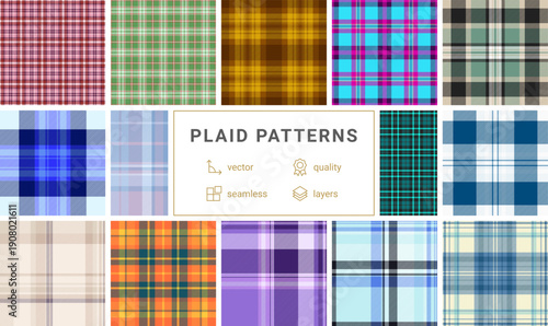 Fall plaid pattern pack for educational materials. Seasonal tartan backgrounds feel welcoming. Vector repeats stay consistent.