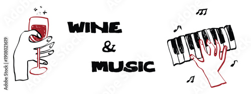 Wine glass sketch with hand drawn party elements and champagne toast. Elegant doodle illustration featuring Italian cocktails, festive dinner drinks and music festival in vintage line art style.