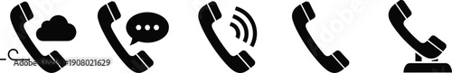 Phone call icons set, telephone handset symbols for communication, messaging, ringing and contact services, black silhouette vector illustration isolated