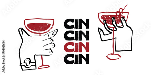 Elegant wine glass doodle with hand sketched party drinks. Italian-inspired illustration showing champagne toast, cocktails, and festive dinner elements in artistic line drawing style.