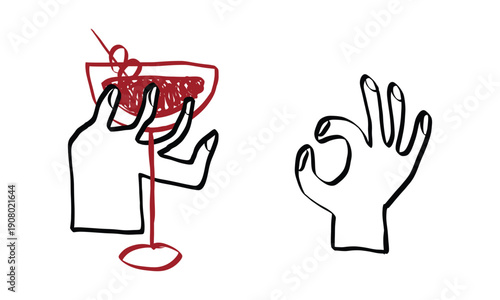 Quirky doodle sketch of champagne toast with cocktails and festive dinner elements. Italian-inspired illustration featuring elegant drinks in artistic line drawing style. Vector Illustration.