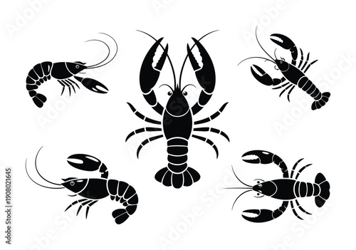 Collection of Black Lobster and Crayfish Silhouettes on White Background