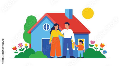 Happy family with child in front of their colorful home with garden illustration