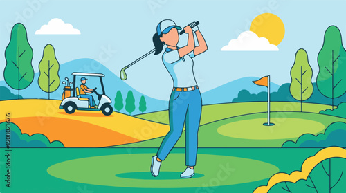 Woman golfer playing on a sunny golf course with a golf cart illustration