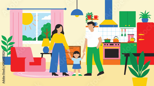 Happy family with child at home in colorful modern illustration