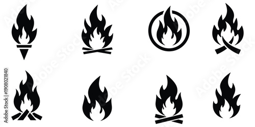 Collection of eight black and white fire and flame icons on a white background Keywords: fire, flame, icon, symbol, heat, energy
