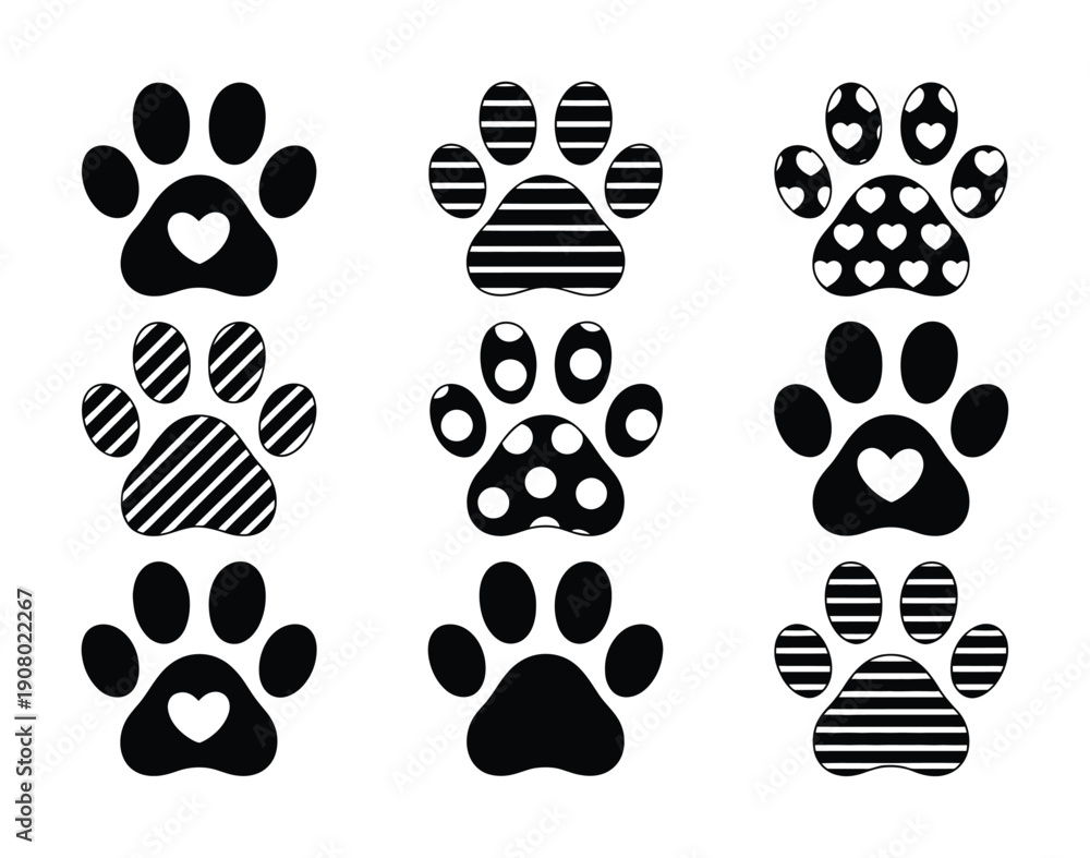 Fototapeta premium Collection of Nine Black and White Paw Print Illustrations