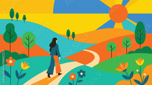 Stylized illustration of a person walking on a path through a colorful landscape