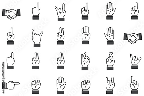Collection of hand gesture icons in outline style with dark grey cuffs symbol sign