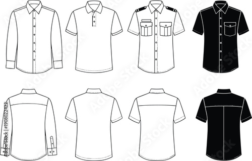 Collection of mens shirts front and back views line art and silhouette clothing apparel