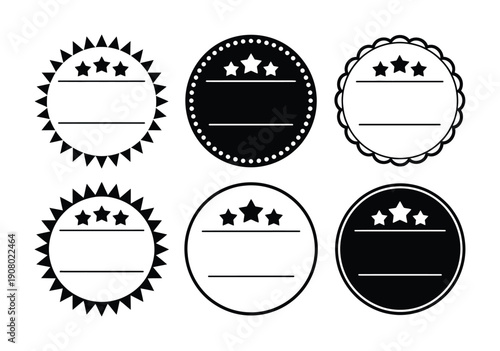 Collection of Six Circular Badges with Stars and Lines for Text