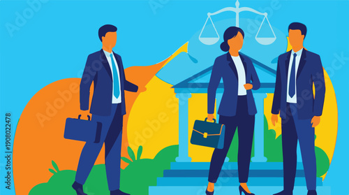 Legal professionals with briefcases standing in front of a courthouse