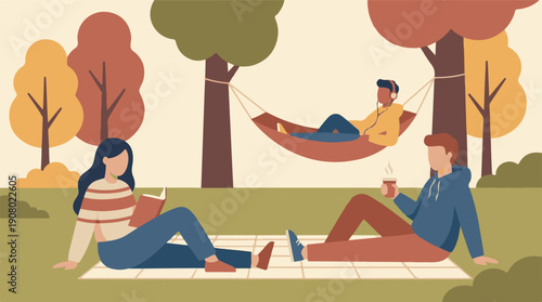 Leisure time in autumn park with friends enjoying nature and hobbies