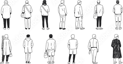 people, silhouettes, walking, back, view, outline, vector, set, men, women, casual, clothing, urban, crowd, characters, black, white, illustration, lifestyle, design