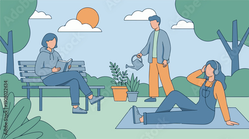 People enjoying various leisure activities in a sunny park illustration