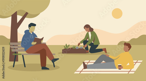 People enjoying outdoor leisure activities in a park on a sunny day