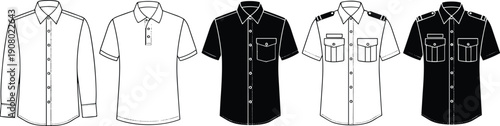 Collection of mens shirts front views line art and silhouette clothing apparel