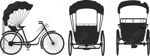 rickshaw, silhouette, vector, set, bicycle, transport, traditional, asian, vehicle, hand, pulled, taxi, urban, street, travel, culture, black, icons, illustration, design
