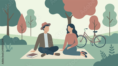Couple relaxing in a park, enjoying leisure time outdoors with a bicycle