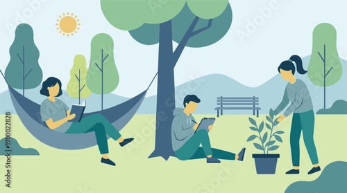 People enjoying leisure activities in a park: reading, drawing, and gardening