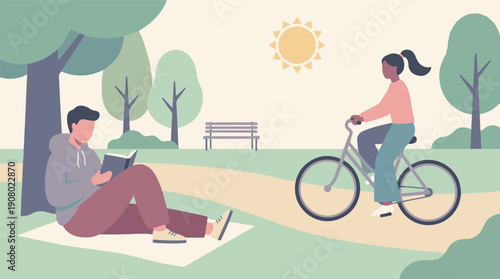 Man reading and woman cycling in a sunny park illustration
