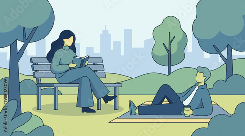 People enjoying leisure time in a city park, reading and relaxing