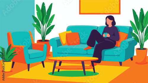 Woman relaxing on a sofa in a colorful, modern minimalist living room