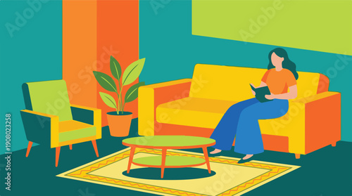 Relaxed woman reading a book in a vibrant, minimalist living room illustration
