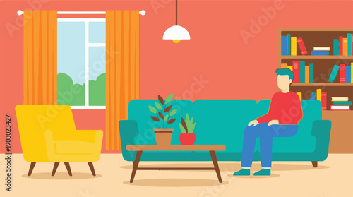 Relaxed man on a sofa in a modern living room with books and plants illustration