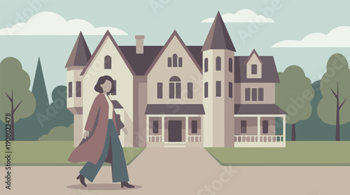 Elegant Woman Walking Past Grand Victorian House - Flat Vector Illustration