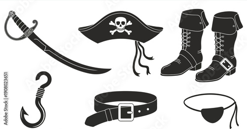 Pirate Costume Accessories: Sword, Hat, Boots, Hook, Belt, and Eyepatch