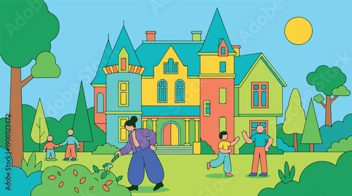 Vibrant illustration of family and friends in a large house garden