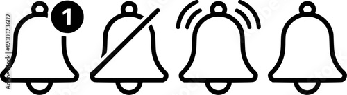 Set of Bell Icons: Notification, Muted, Ringing, and Standard