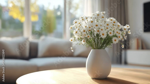 Vase with white flowers in living room, minimalist