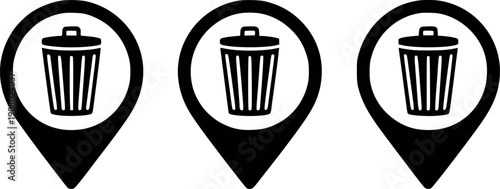 Three Black Trash Can Location Pointers on White Background