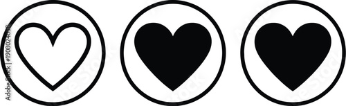 Three Circular Icons Featuring Hearts: Outline, Solid Black, and Half-Filled