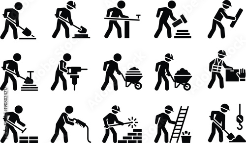 Pictograms of construction workers performing various building tasks icon symbol