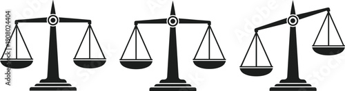 Justice scales icons set, balanced and unbalanced weighing symbols representing law fairness equality concept black silhouette vector illustration isolated design