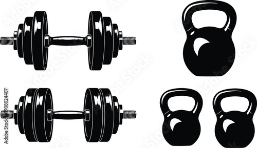 Fitness equipment icons set with dumbbells and kettlebells, strength training gym weights silhouettes vector illustration isolated on white background