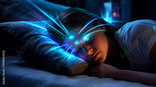 Femme dormant sur un oreiller intelligent. Capteurs biométriques et lueur bleue futuriste. Visualisation de données de rêve et technologie du sommeil. Ambiance sereine, calme et high-tech