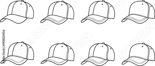 Set of Eight Outline Drawings of Baseball Caps in Various Angles Keywords: baseball cap, hat, headwear, accessory, fashion