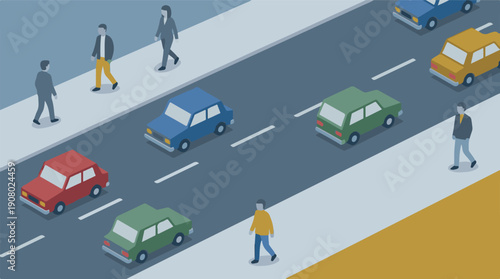 Isometric illustration of an urban street with cars and pedestrians