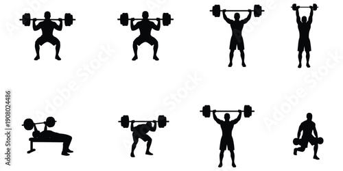 Silhouette figures performing various weightlifting exercises with barbells Keywords: weightlifting, exercise, fitness, strength