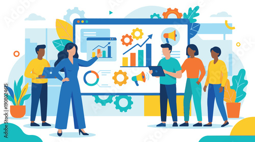 Diverse Business Team Collaborating on Data Analysis and Marketing Strategy