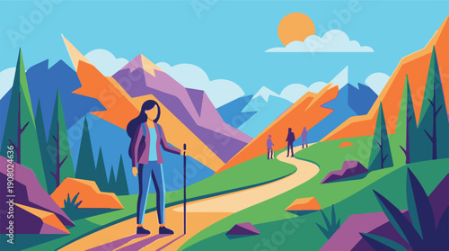 People hiking on a scenic mountain path in a vibrant minimalist landscape