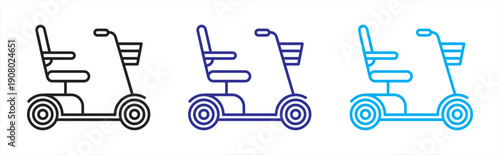 Mobility Scooter Icon Set – Electric Wheelchair and Transport Vector Illustration. Scooter for Disabled Icon Pack – Electric Mobility Vehicle Vector Design.