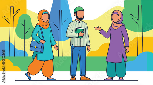 Muslim men and women interacting outdoors in a park, diverse group illustration