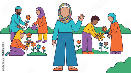 Diverse Muslim community and friends planting flowers in a garden